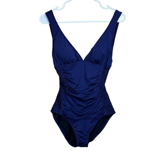 Tommy Bahama Womens Size 10 One-Piece Swimsuit Blue Lace Sides Ruched Flattering - Picture 1 of 8